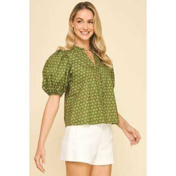 Women's Olive Floral Floral Puff Sleeve Top The Pinch Size Small - Picture 2 of 5